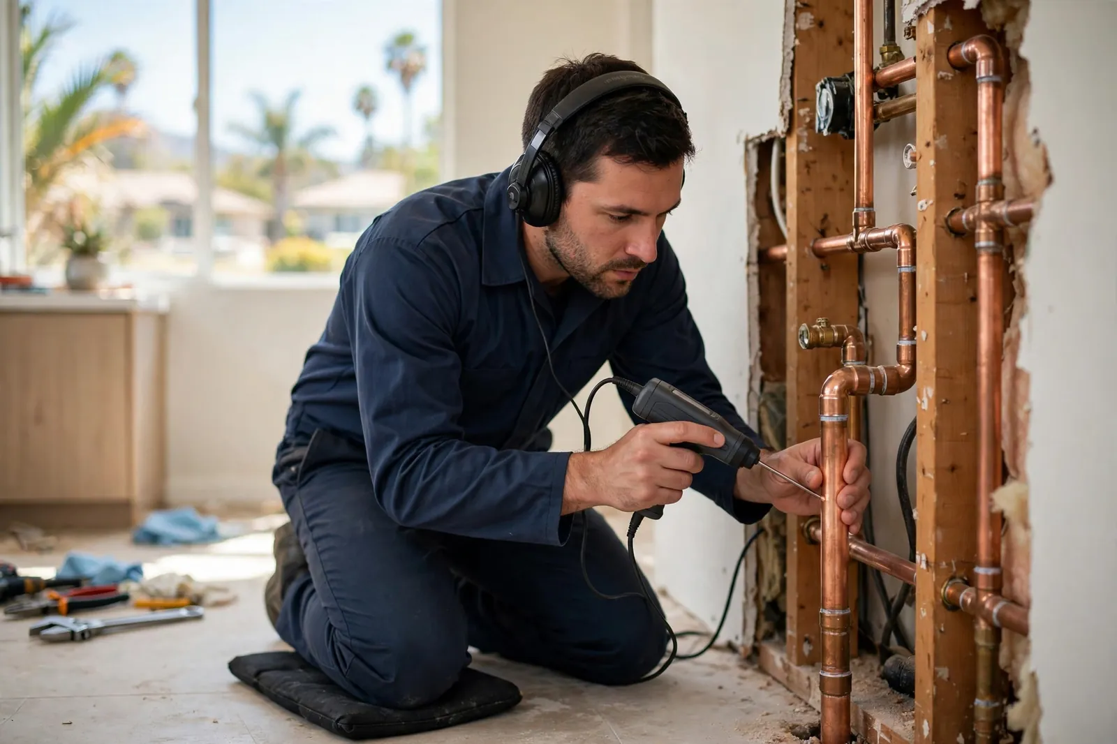 Leak detection technician using acoustic listening equipment on a residential water line in Whittier, CA